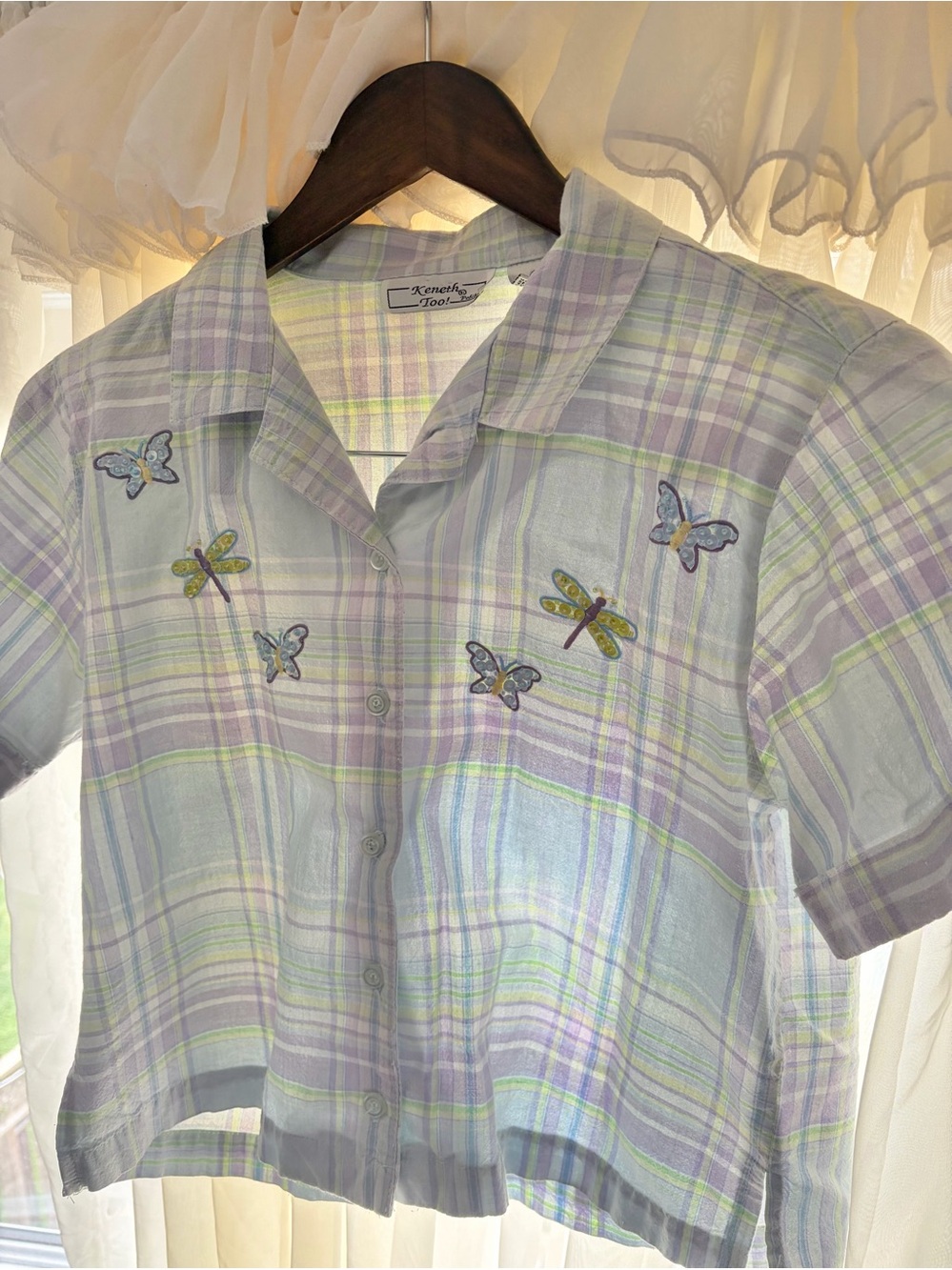 Vintage Kenneth Too Pastel Plaid Button-Up Top with Butterfly Embroidery